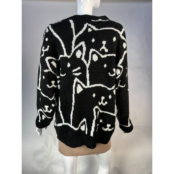 Zinv & Cdupe Vintage Large Cat Lady Black Cat Patterned Sweater Fabric Pilling - Picture 11 of 16